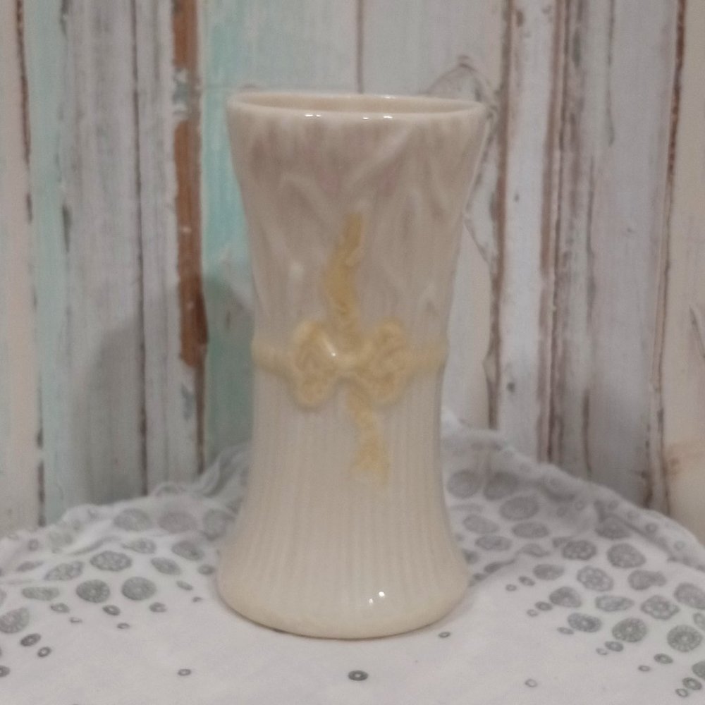 Vintage Irish Belleek Vase w/ Yellow Ribbon Accent